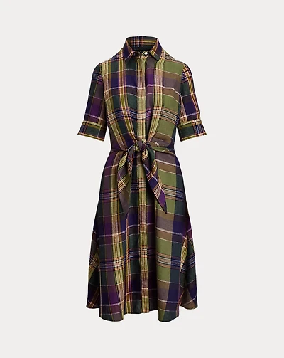 Plaid Tie-Front Linen Shirtdress
