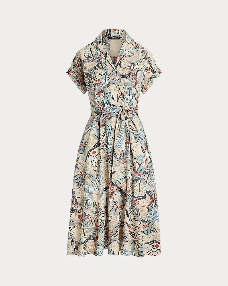 Print Belted Crepe Camp Shirtdress