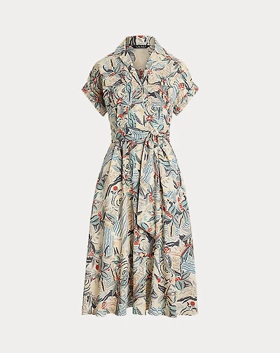 Print Belted Crepe Camp Shirtdress