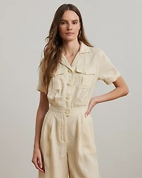 Embroidered Linen Short-Sleeve Jumpsuit