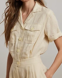 Embroidered Linen Short-Sleeve Jumpsuit