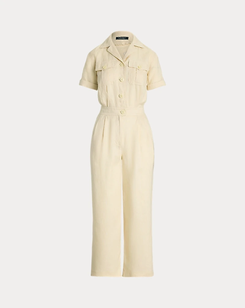 Embroidered Linen Short-Sleeve Jumpsuit