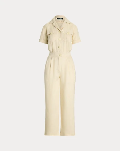 Embroidered Linen Short-Sleeve Jumpsuit