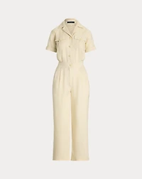 Embroidered Linen Short-Sleeve Jumpsuit