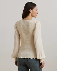 Smocked Jersey Blouson-Sleeve Top