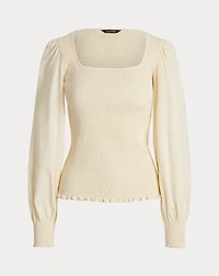 Smocked Jersey Blouson-Sleeve Top