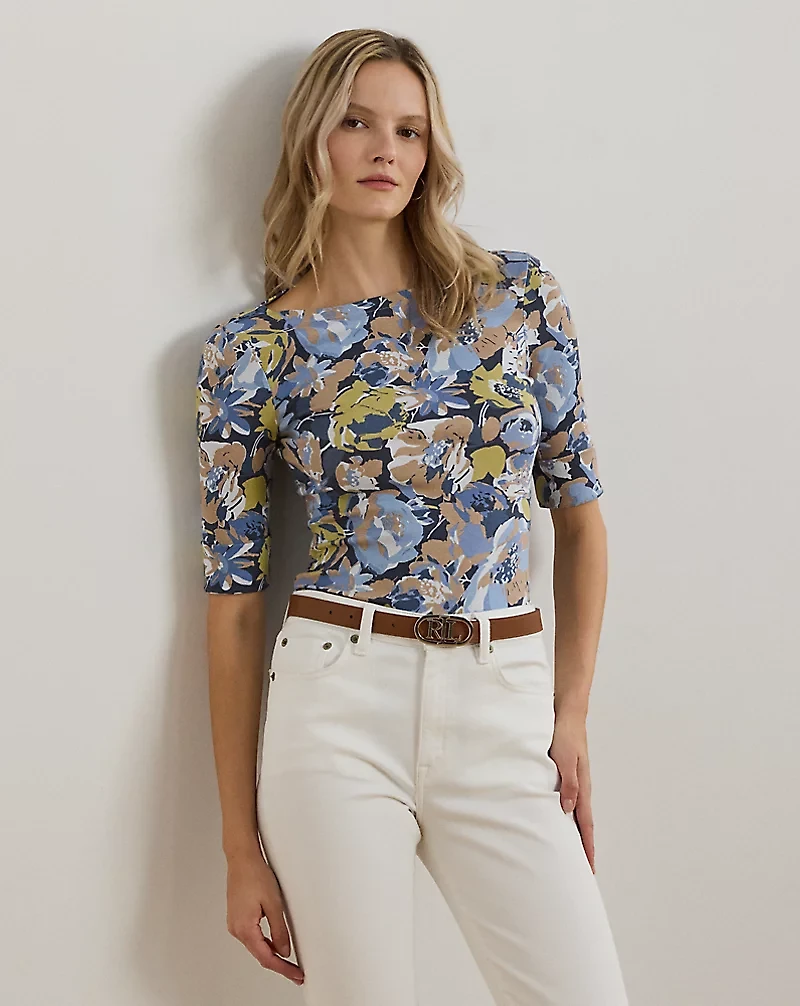 Floral Stretch Cotton Boatneck Tee
