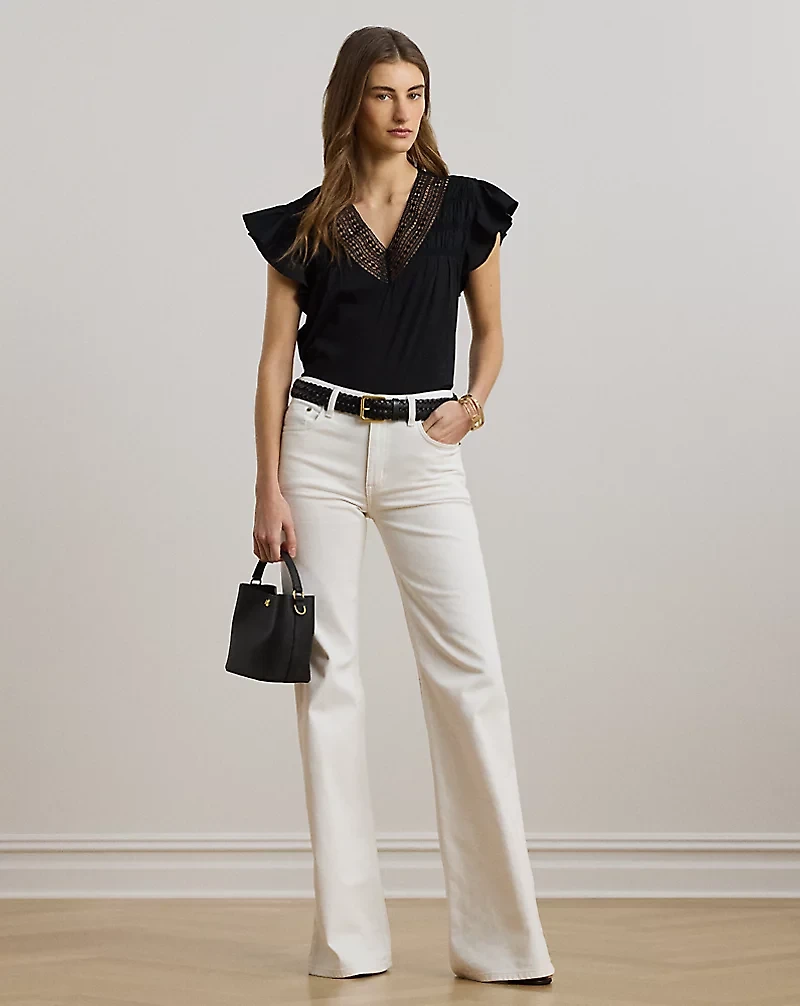 Lace-Trim Jersey Flutter-Sleeve Tee