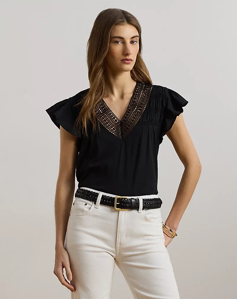Lace-Trim Jersey Flutter-Sleeve Tee