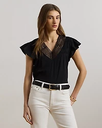 Lace-Trim Jersey Flutter-Sleeve Tee