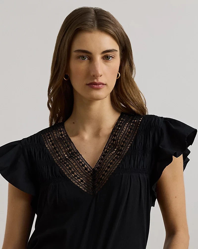 Lace-Trim Jersey Flutter-Sleeve Tee