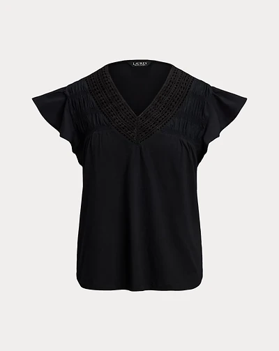Lace-Trim Jersey Flutter-Sleeve Tee