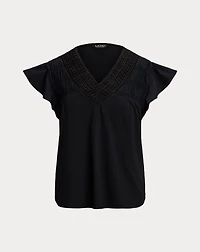 Lace-Trim Jersey Flutter-Sleeve Tee