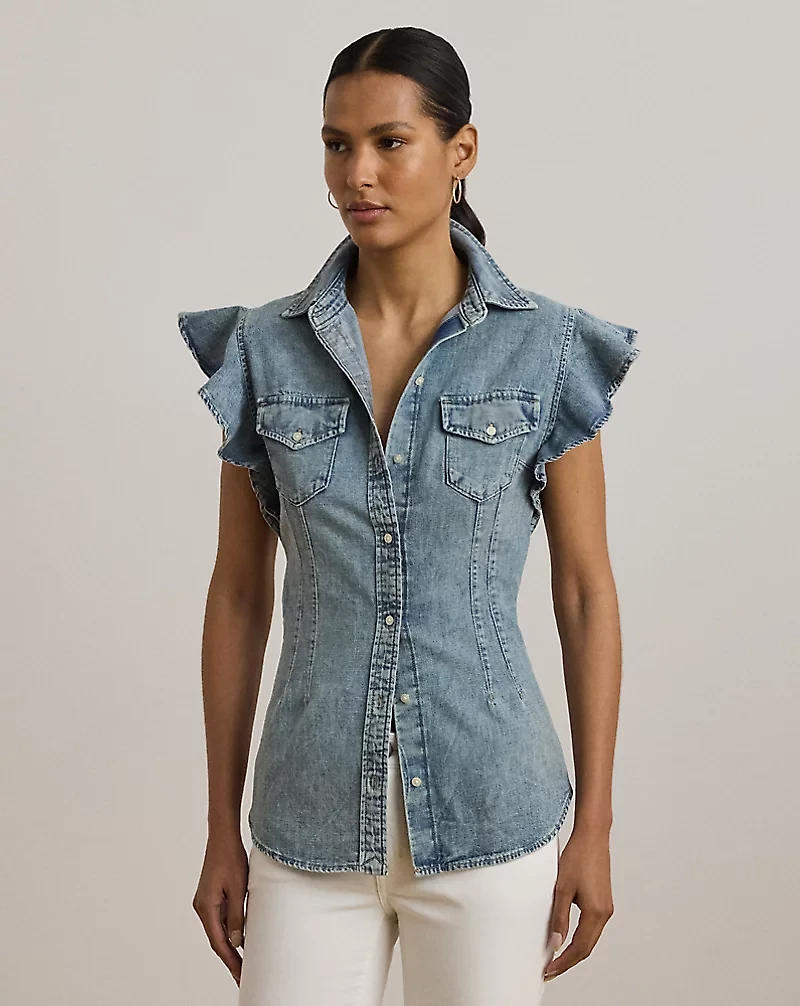 Denim Flutter-Sleeve Shirt