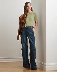 Metallic Rib-Knit Short-Sleeve Sweater
