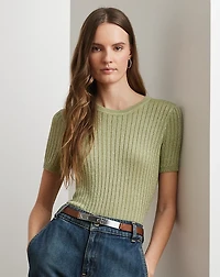 Metallic Rib-Knit Short-Sleeve Sweater