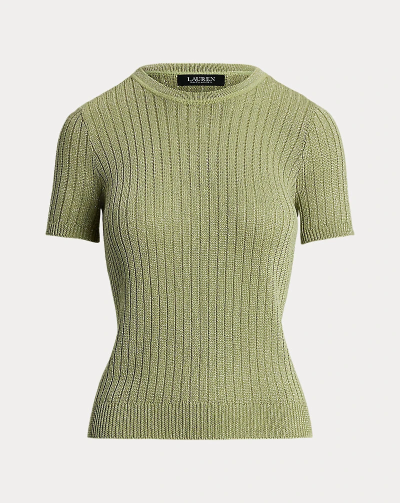 Metallic Rib-Knit Short-Sleeve Sweater