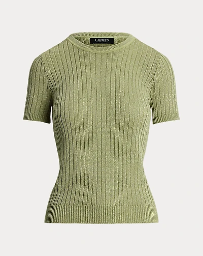 Metallic Rib-Knit Short-Sleeve Sweater