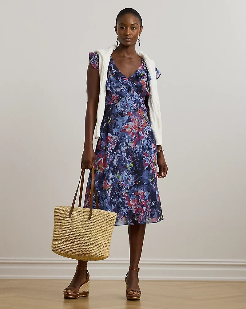 Print Ruffle-Trim Georgette Midi Dress