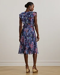 Print Ruffle-Trim Georgette Midi Dress