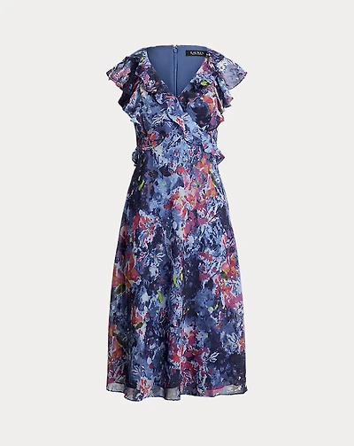 Print Ruffle-Trim Georgette Midi Dress