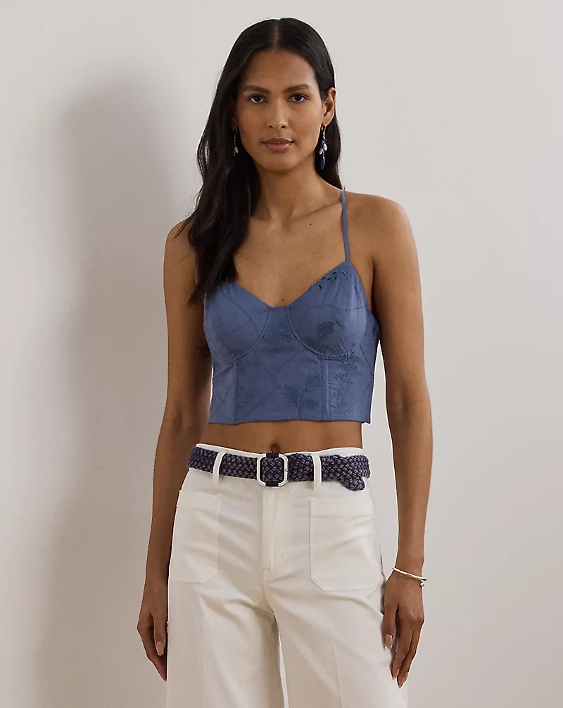 Floral-Embroidered Voile Cropped Bustier