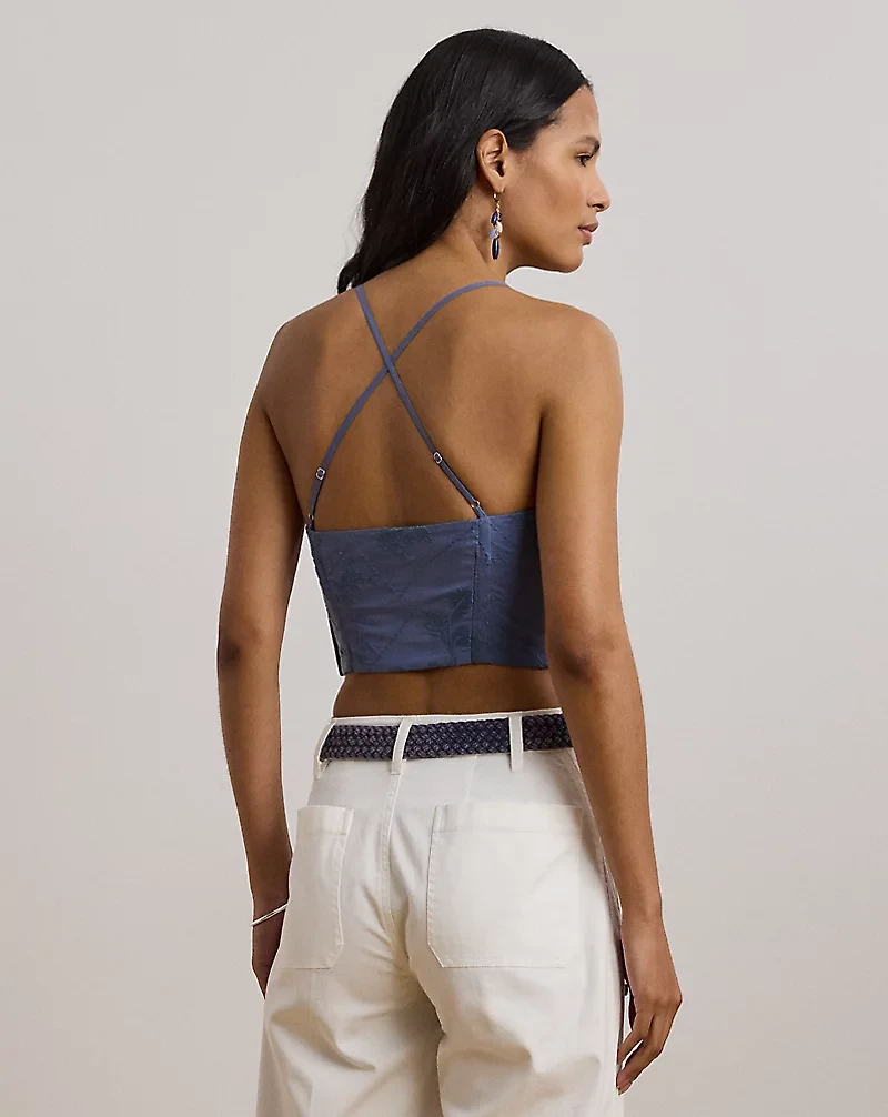 Floral-Embroidered Voile Cropped Bustier