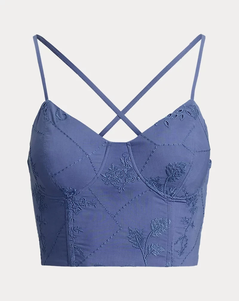 Floral-Embroidered Voile Cropped Bustier