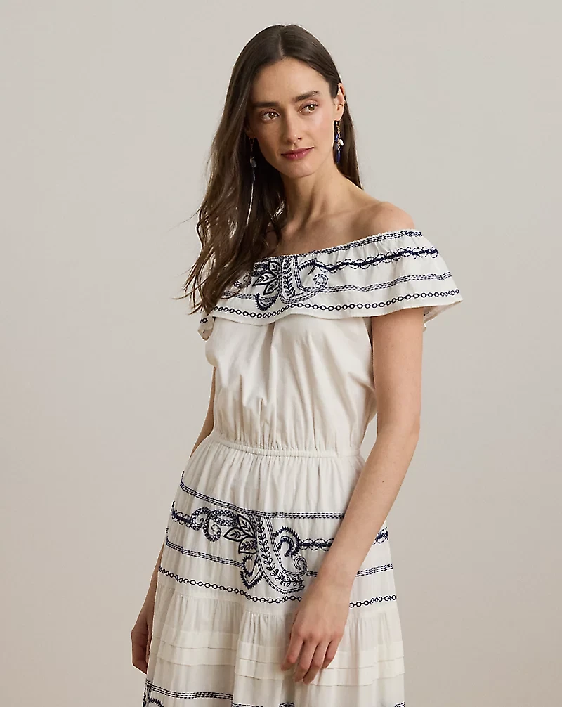 Embroidered Voile Off-the-Shoulder Dress