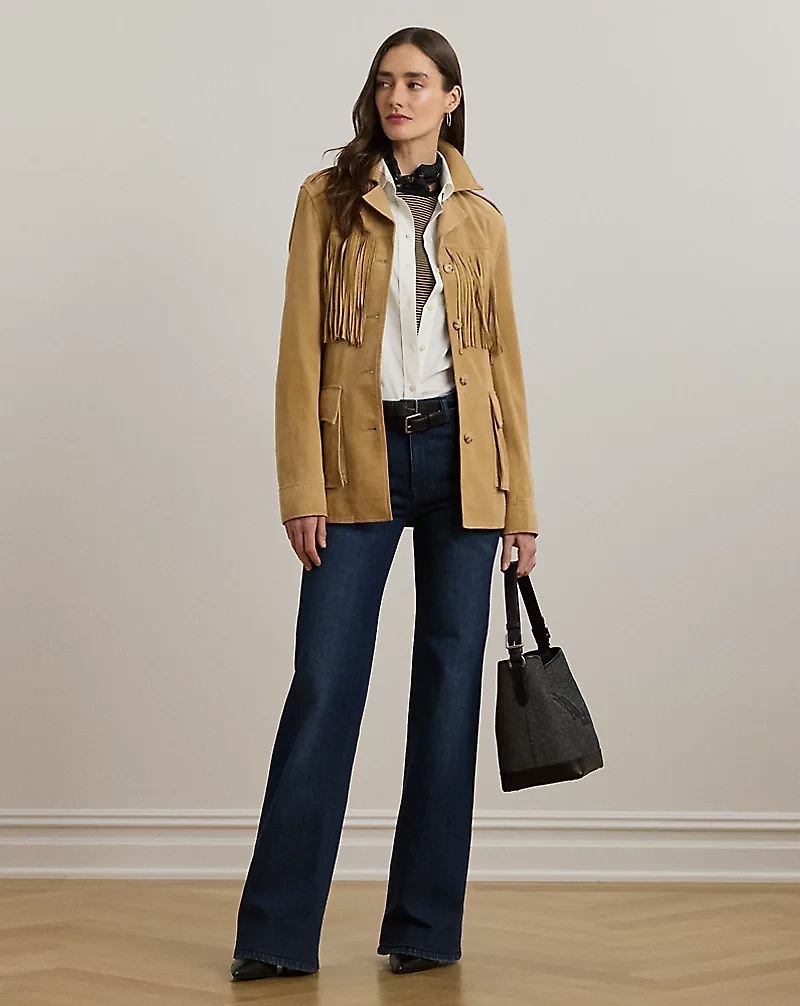 Fringe-Trim Belted Goat-Suede Jacket