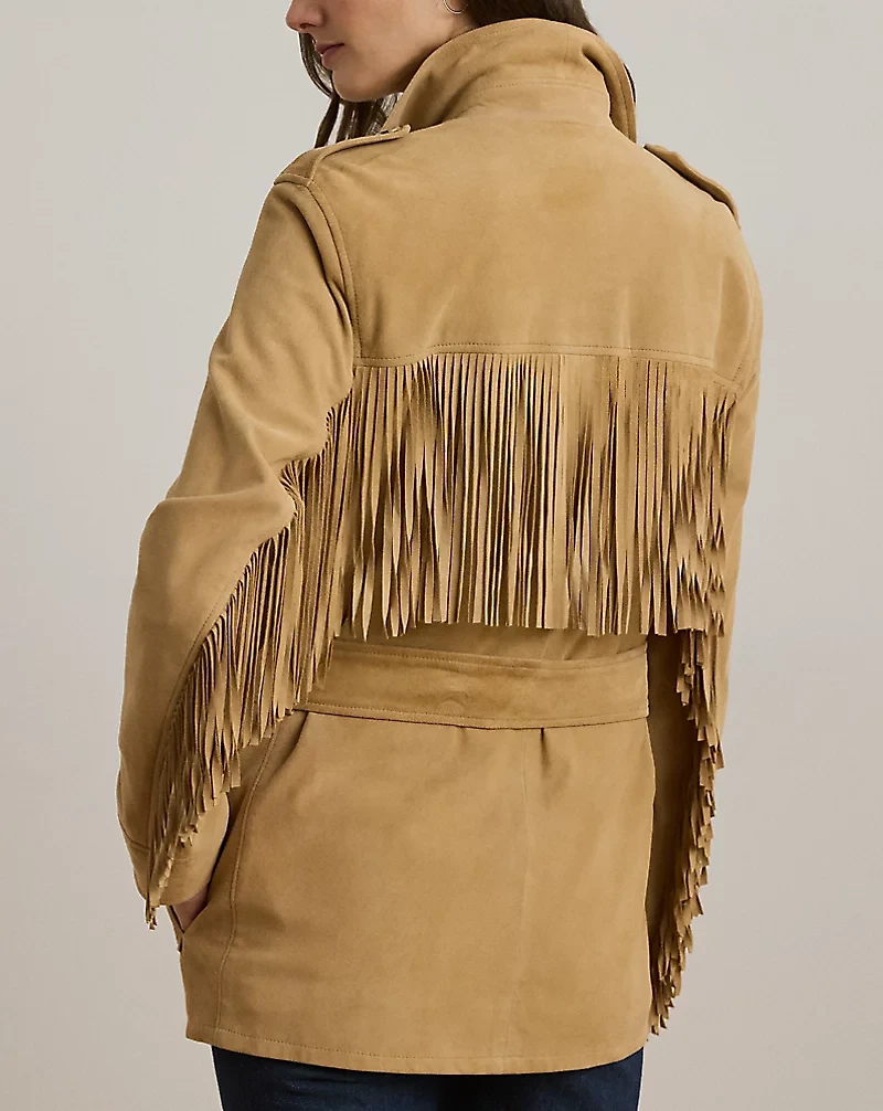 Fringe-Trim Belted Goat-Suede Jacket