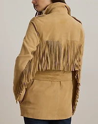 Fringe-Trim Belted Goat-Suede Jacket