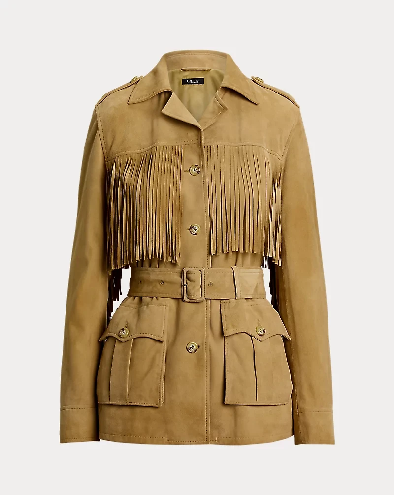 Fringe-Trim Belted Goat-Suede Jacket