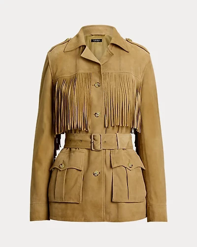 Fringe-Trim Belted Goat-Suede Jacket