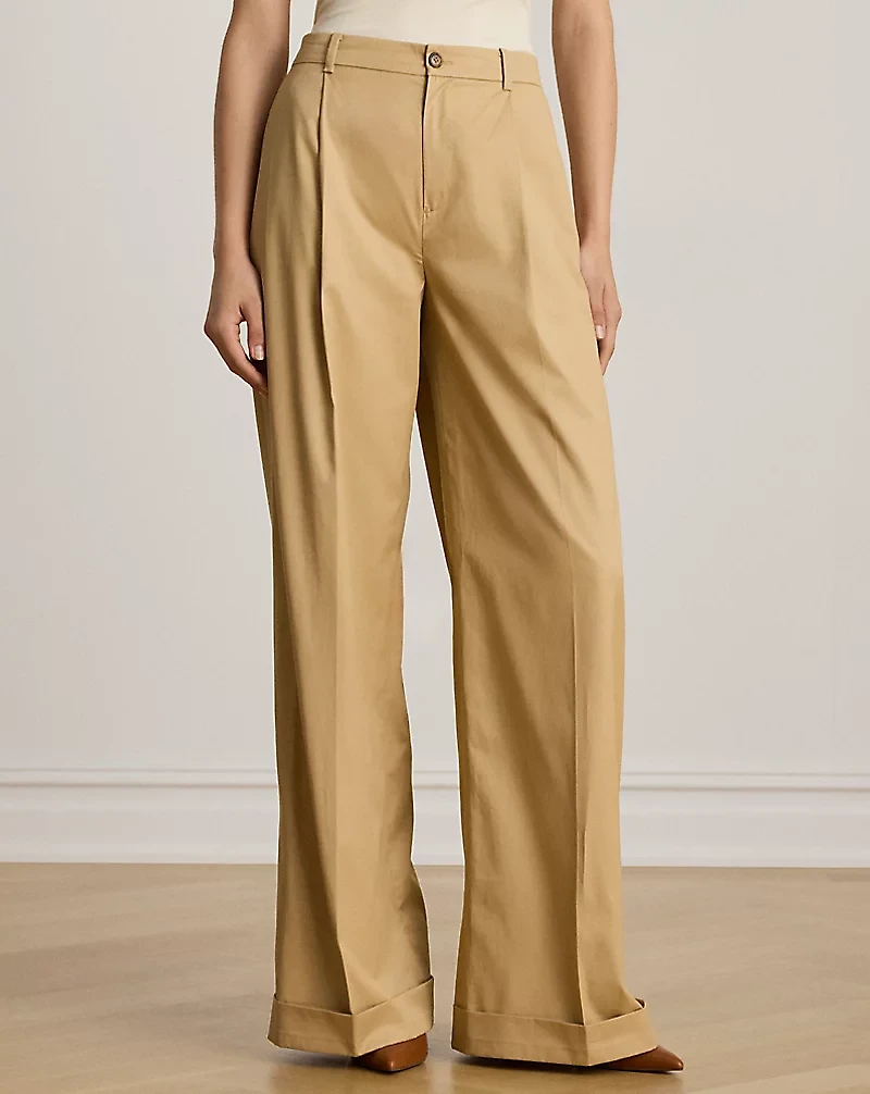Pleated Cotton Twill Wide-Leg Pant