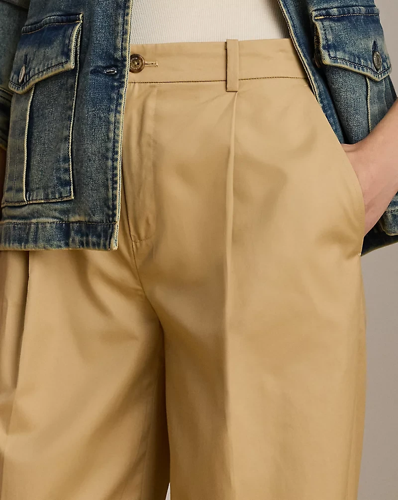 Pleated Cotton Twill Wide-Leg Pant