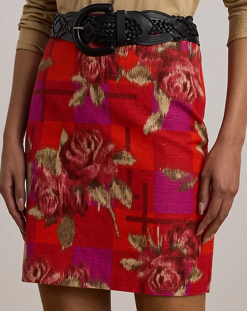 Floral Linen-Cotton Pencil Miniskirt
