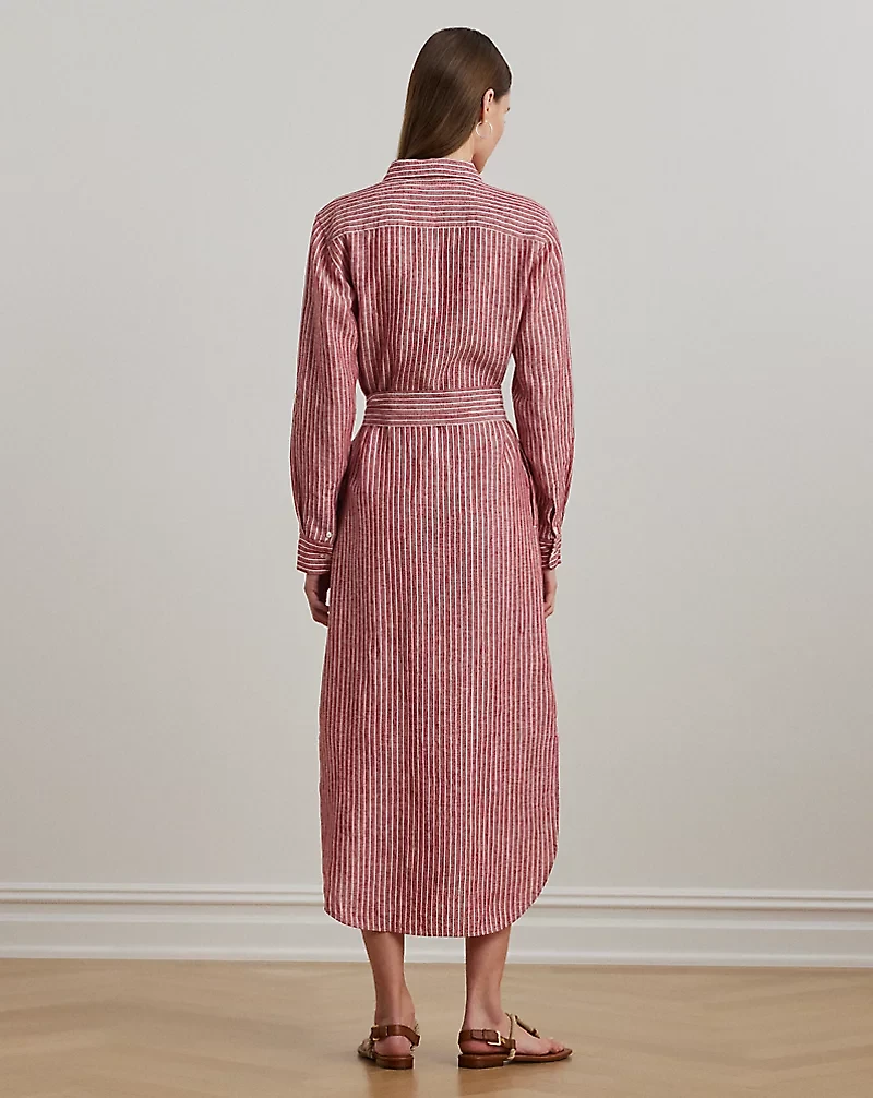 Striped Linen Roll-Tab-Sleeve Shirtdress