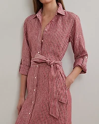 Striped Linen Roll-Tab-Sleeve Shirtdress