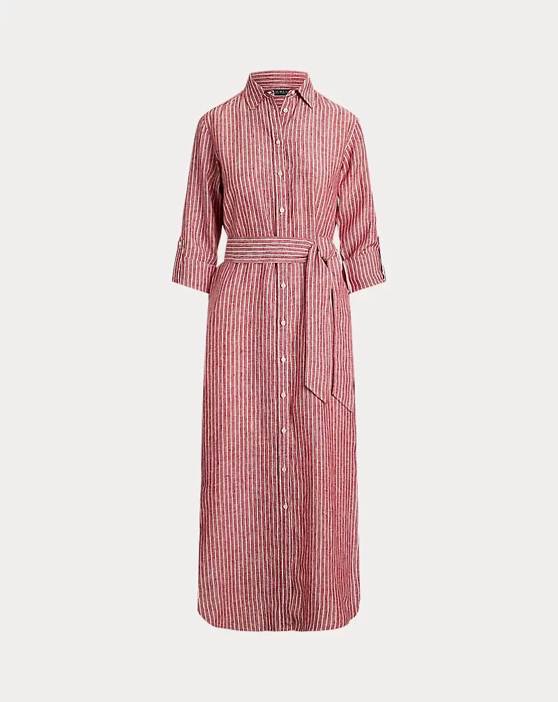 Striped Linen Roll-Tab-Sleeve Shirtdress
