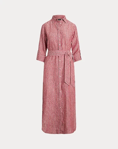 Striped Linen Roll-Tab-Sleeve Shirtdress