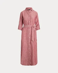 Striped Linen Roll-Tab-Sleeve Shirtdress