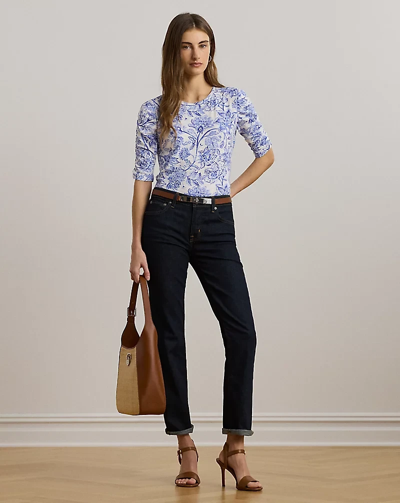 Floral Slub Jersey Elbow-Sleeve Tee