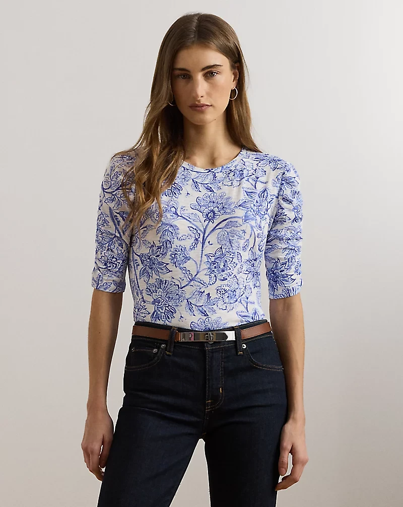 Floral Slub Jersey Elbow-Sleeve Tee