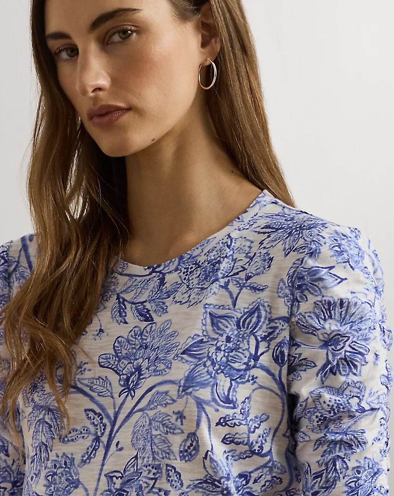 Floral Slub Jersey Elbow-Sleeve Tee