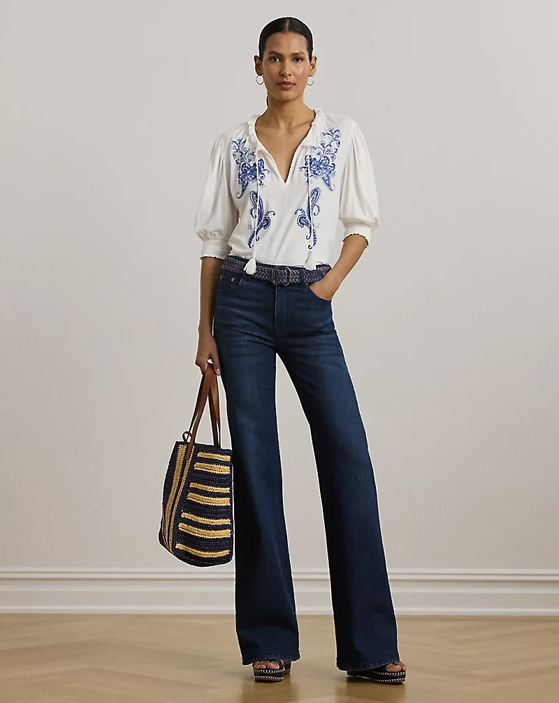 Embroidered Jersey Tie-Neck Top