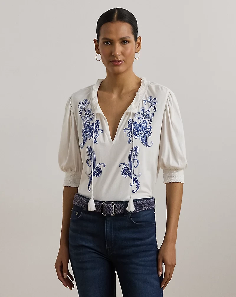 Embroidered Jersey Tie-Neck Top