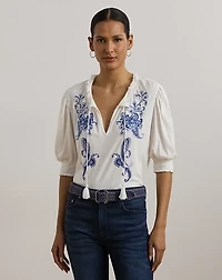 Embroidered Jersey Tie-Neck Top