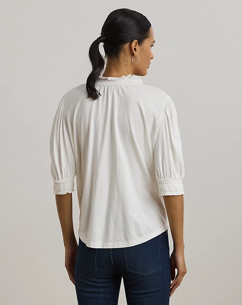 Embroidered Jersey Tie-Neck Top