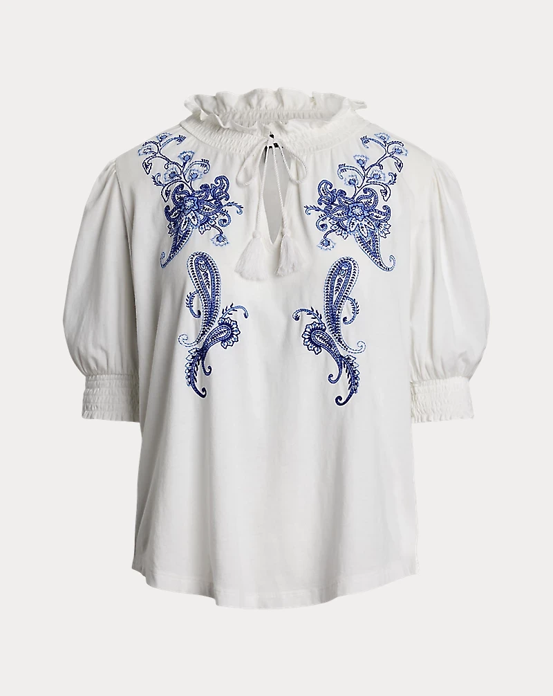 Embroidered Jersey Tie-Neck Top